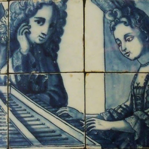 Lição de Música (pormenor), atribuído ao monogramista PMP, 1700-1730, Museu Nacional do Azulejo, Lisboa.