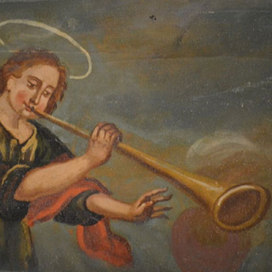 Pormenor da Igreja de São Miguel de Lobrigos, Santa Marta de Penaguião, anjo da trombeta, créditos Sónia Duarte